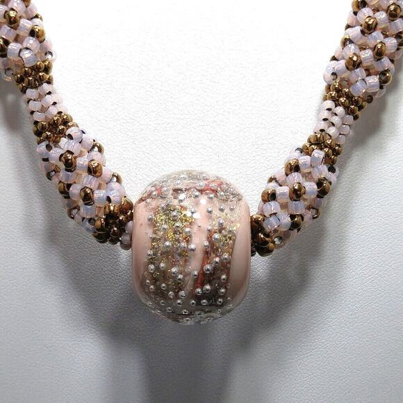 Artisan Woven Glass Beaded Necklace, Opalescent Pink Gold Glass Beads, 20 Inches - Picture 4 of 12